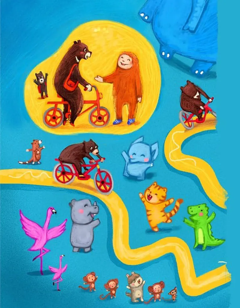 Bear family meeting orangutan friend on yellow path while other animals watch from blue background.