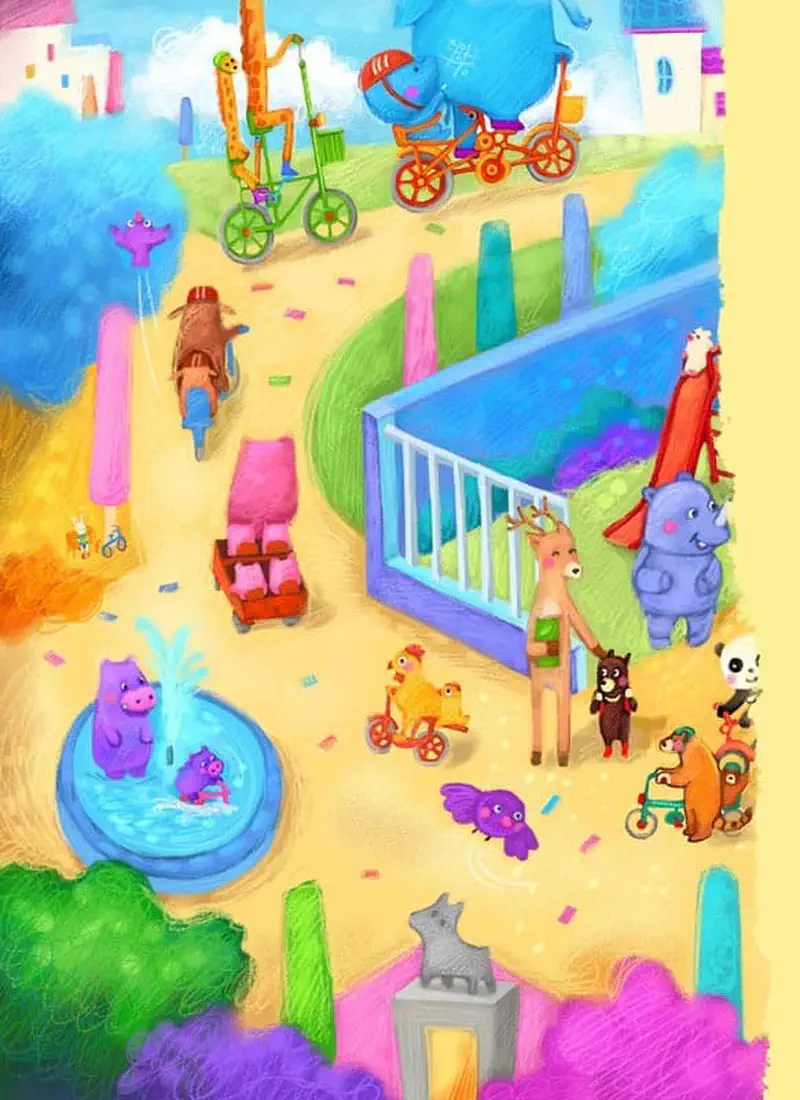 Colorful playground with animals on bikes, hippos in pool, deer at slide, panda and elephant playing.