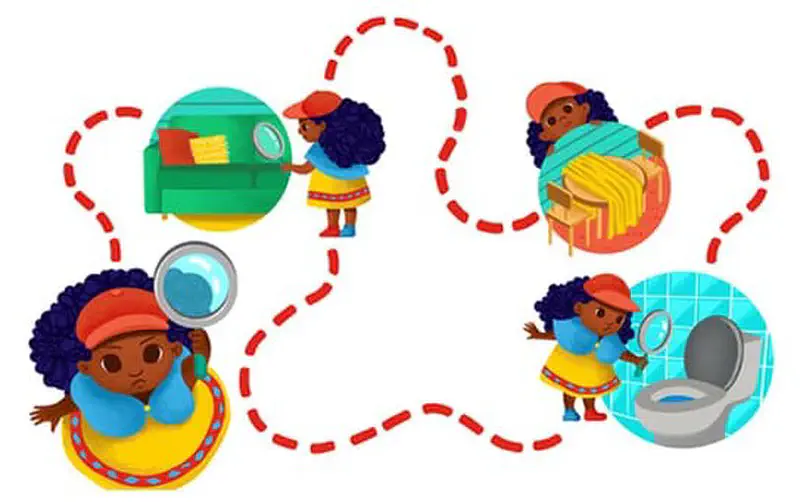 Girl searching house with magnifying glass - checking couch, laundry basket, bean bag, bathroom.