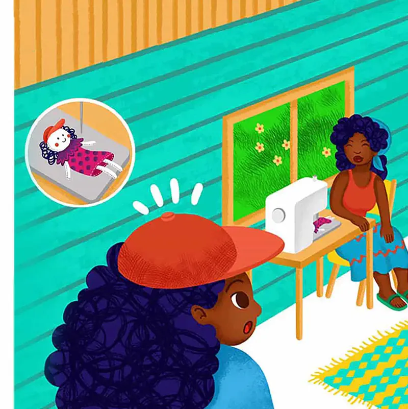 Girl in red cap watching mother at sewing machine with thought bubble showing doll being made.