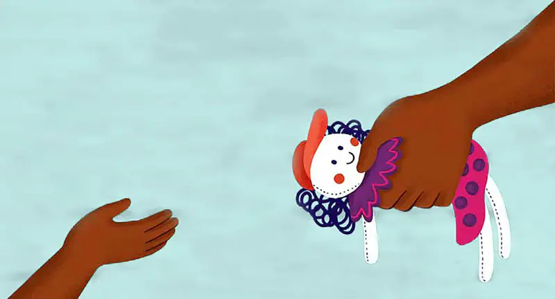 Happy girl in red cap skipping with doll while mother in blue dress watches smiling.