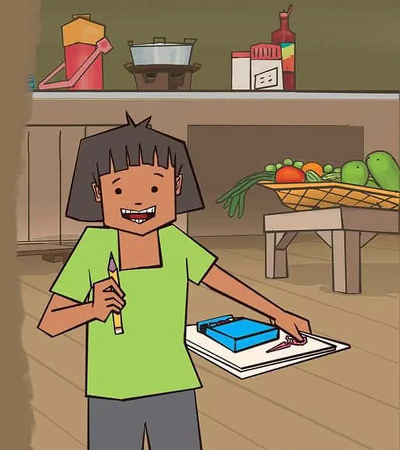 Boy in green shirt holding pencil and eraser with paper in kitchen with vegetables on shelf.