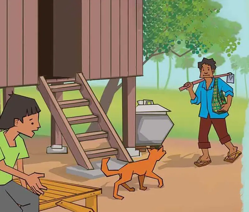 Boy watching father return home with fishing rod while orange cat runs toward stilt house.