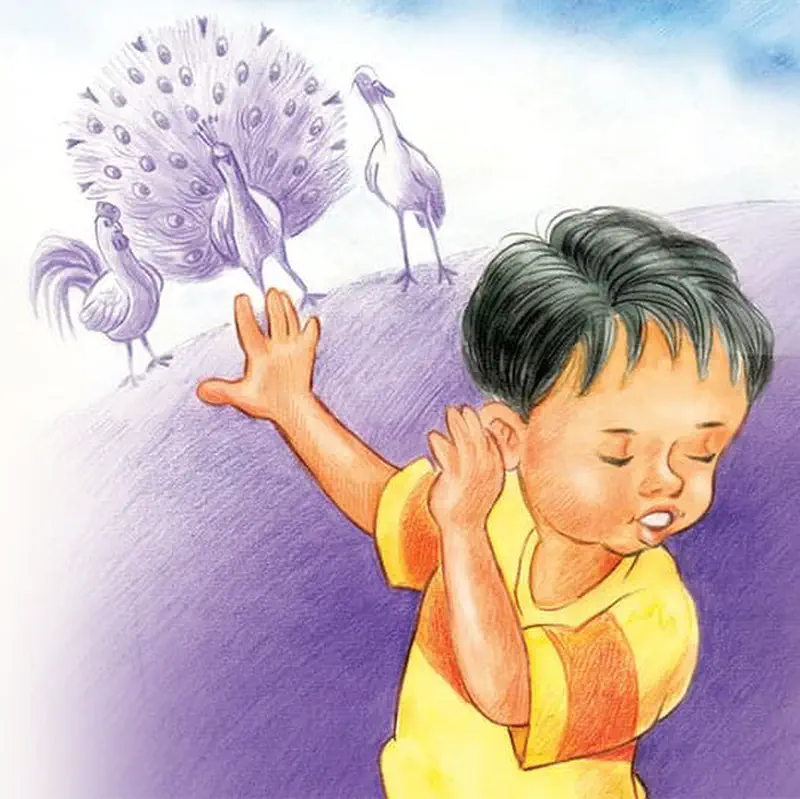 Boy combing hair with eyes closed, dreaming of peacock, crane, and rooster on purple hill.