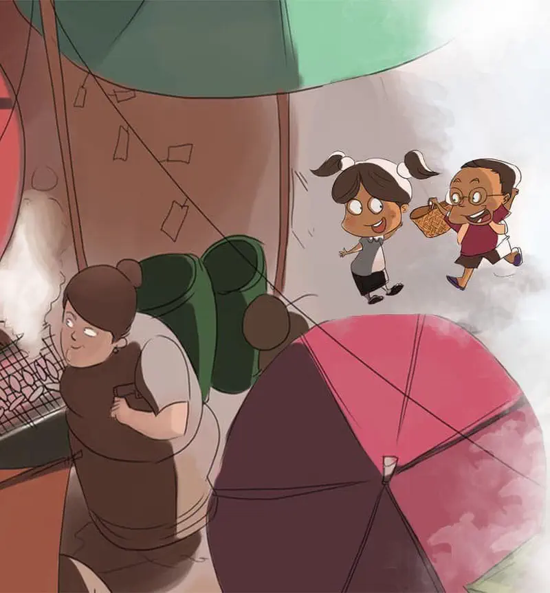 Two girls walking through market with colorful umbrellas, woman carrying bags nearby.