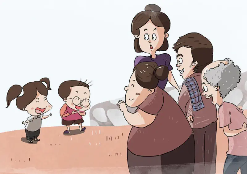 Family greeting two girls arriving - parents, grandparents, and child on shoulders welcoming them.