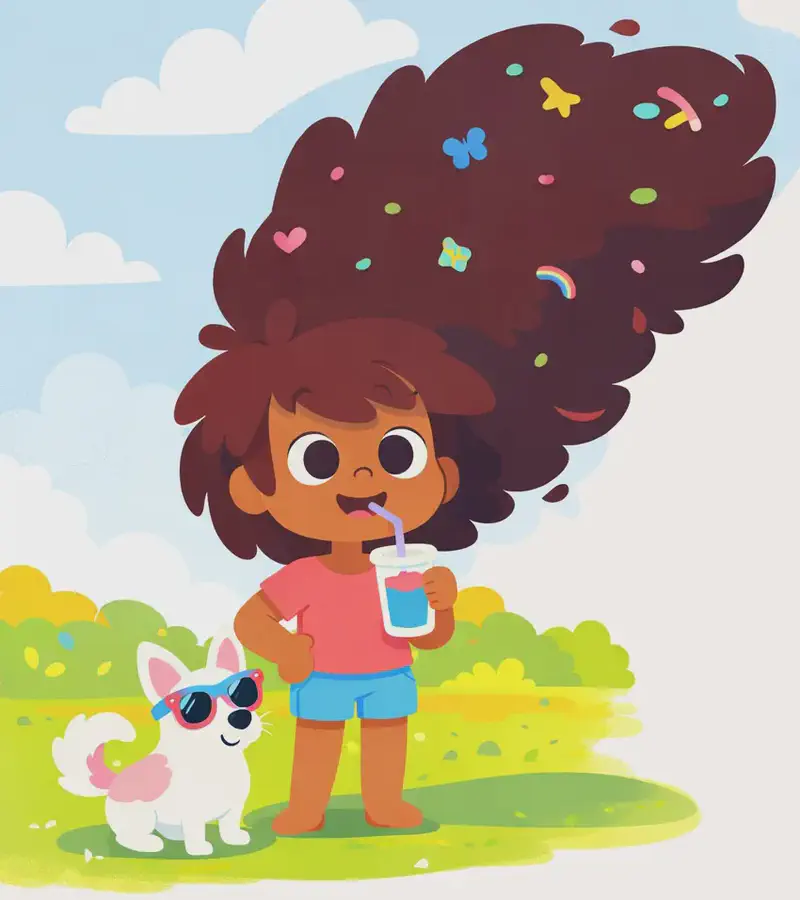 On the left side of the image, The Girl stands outdoors on a sunny summer day, smiling confidently and sipping a cool drink with a straw while her enormous, voluminous hair is swept up high off her neck, billowing dramatically upward and to the right, with colorful clips and decorations scattered through it. The Dog sits beside her on the left, wearing sunglasses and looking up at her. The background is a bright, warm outdoor scene with yellow-green foliage and a light blue sky with white clouds, and a large shadow is cast on the ground from The Girl's hair. The right side of the image is open sky and plain background.