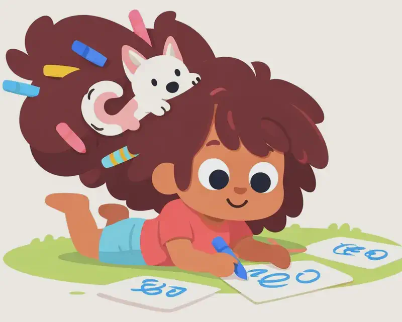 On the right side of the image, The Girl lies on her stomach on a grassy area, smiling contentedly as she draws on sheets of paper spread out in front of her. Her big, voluminous hair billows upward and to the left, stuffed with colorful pens and crayons in blue, pink, yellow, and other colors. The Dog peeks out from within The Girl's hair near the top, with just its head and paws visible, looking comfortable nestled among the curls. The left side of the image is open white and light blue background. The scene is outdoors on a bright day.