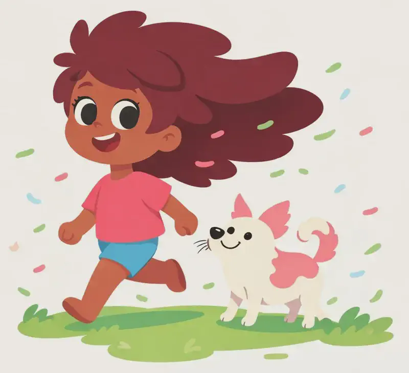 On the right side of the image, The Girl is walking confidently into the wind with a big, proud smile, her face turned toward the viewer at a three-quarter angle, her massive hair billowing dramatically behind and above her like a flag, filling much of the upper portion of the scene. The Dog stands upright beside her on the right, leaning into the wind alongside her. The outdoor scene is breezy and bright, with small colorful confetti-like shapes (pink and green) swirling in the air and patches of green grass at the bottom, conveying a windy, celebratory atmosphere. The left side is open sky/white background, clear of characters.