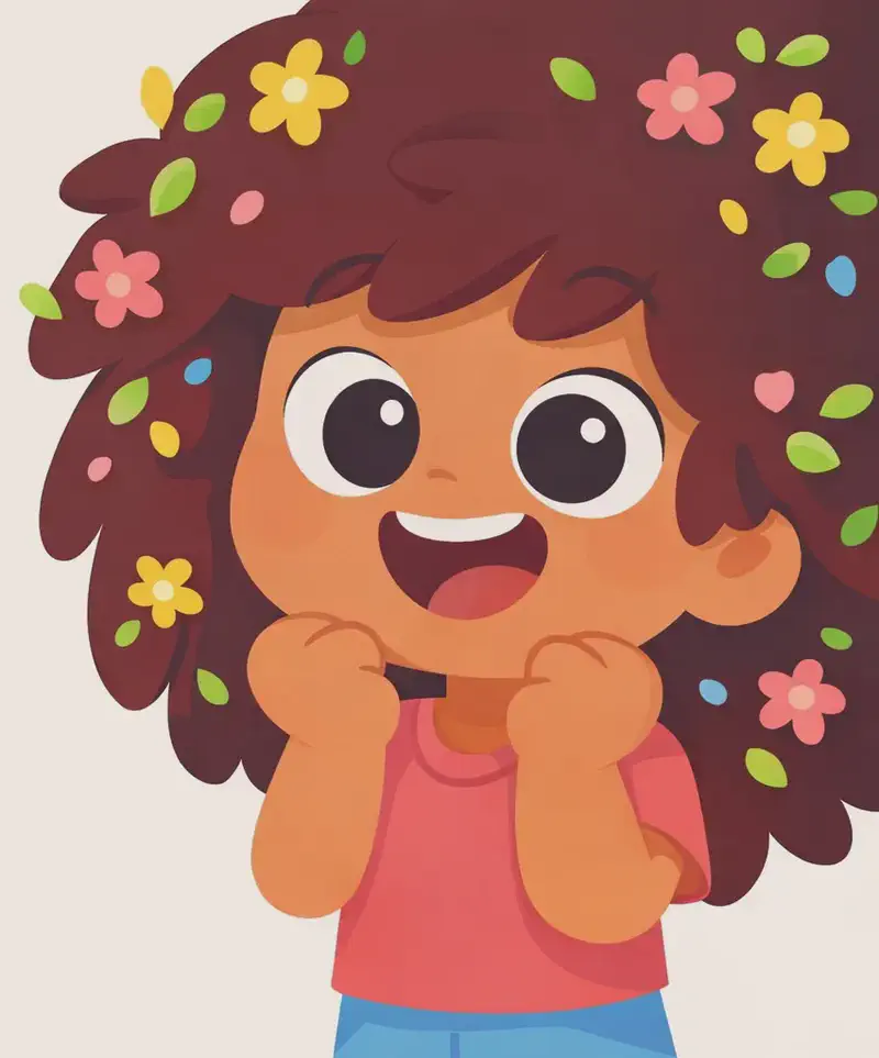 On the right side of the image, The Girl is shown in a close-up portrait, beaming with a wide, joyful smile, her hands raised up near her chin in delight. Her voluminous hair fills much of the frame, decorated with small colorful flowers and leaves in green, yellow, and pink. The left side of the image is left open as a light clearing framed by her flowing hair, providing space for text.