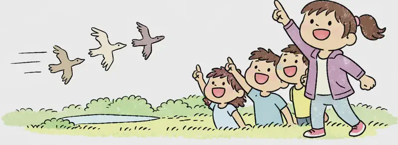 In the lower right of the image, Girl stands with her arm raised high, pointing excitedly at the sky with a wide, thrilled expression on her face. She is surrounded by a crowd of other children who are also looking up and cheering. In the sky on the left side, Duck soars far ahead of a flock of other birds, wings fully extended, zipping past them with speed lines behind it. The other birds trail further back, clearly falling behind Duck. The outdoor scene is set in a bright, sunlit grassy meadow with green bushes, a pond, and trees in the background.