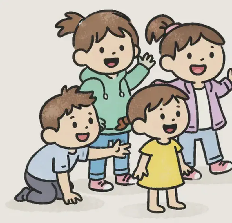 In the lower-left of the image, the children are gathered on a sunny grassy field watching Duck attempt to take flight. Duck is in the center-bottom of the image, wings spread wide and kicking its feet as it lifts off the ground with a wobbly, unsteady motion. Boy crouches low in the bottom-left corner, smiling and gesturing toward Duck with one hand outstretched. Girl in Yellow Dress stands nearby on the grass, looking surprised with wide eyes and mouth slightly open. Tall Girl and Girl stand together at the very bottom-left, both smiling and watching Duck's flight attempt with excitement. The top half of the image is plain bright yellow-green open sky and grass with no characters or detail.