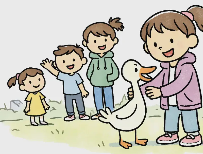On the right side of the image, Girl stands in the foreground smiling warmly as she gently rubs Duck on the neck, holding the duck close to her. Duck stands beside her looking alert and ready. Behind them in the background, Boy, Tall Girl, and Girl in Yellow Dress are grouped together, watching with excited, cheerful expressions — Boy is waving his arm in the air enthusiastically. The scene is set outdoors on a sunny day in a suburban neighborhood with houses and greenery visible in the background, suggesting a casual race gathering on a grassy area.
