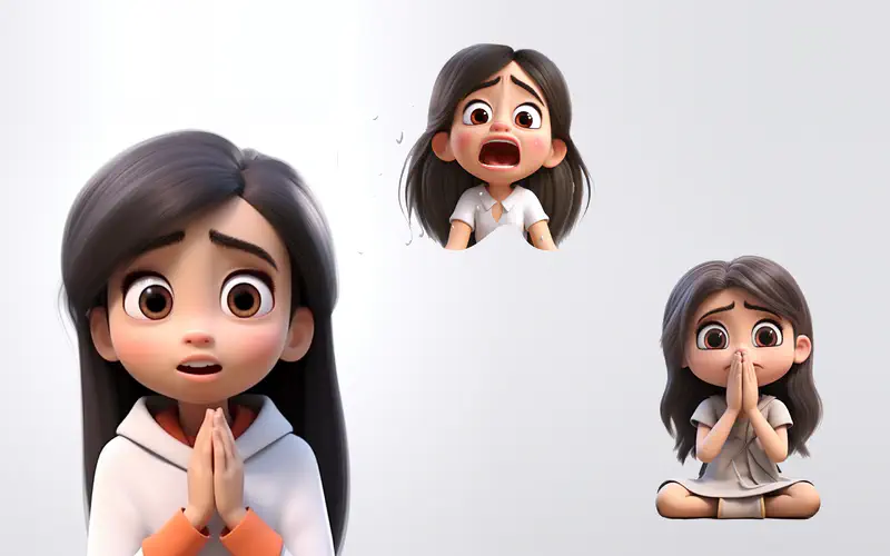 Three views of worried girl - hands clasped nervously, crying face, and praying with closed eyes.