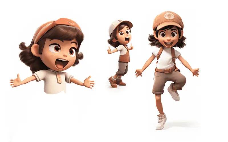 Three views of excited girl with cap - arms spread happy, giving thumbs up, and running freely.