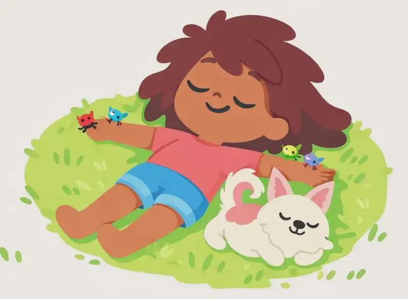 On the right side of the image, The Girl is lying on her back on a patch of grass in a park, her long hair spread out wide around her head. She has a relaxed, happy smile with her eyes gently closed, looking completely at ease. Small cute bugs walk along her outstretched arms. The Dog is curled up beside her on the grass, nestled close to her arm, looking content. Small green grass blades are scattered around them on the ground. The left side of the image is open white/plain background with just a few sparse grass marks.
