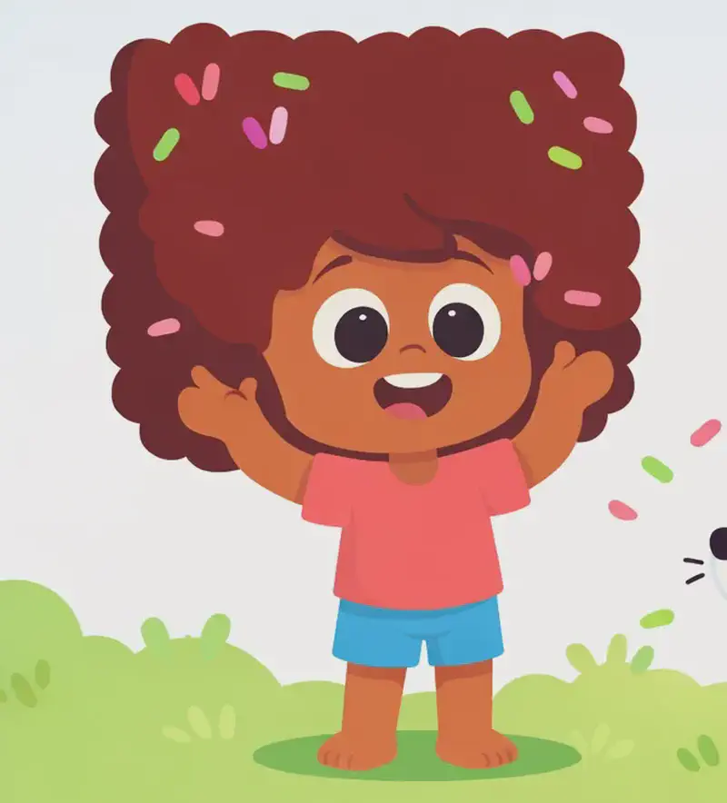 On the left side of the image, The Girl stands proudly with a big, beaming grin, her hands raised near her head as she shows off her hair styled into a large, dramatic square shape decorated with colorful pink and green hair clips or confetti-like accessories. She looks delighted and confident. Slightly to the right of center, The Dog sits in the grass looking up at The Girl with an amused expression, with a few colorful clips or confetti pieces floating around. The scene is set outdoors on a bright day with soft green grass and a pale blue sky.