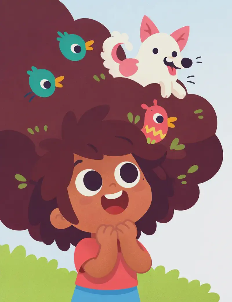 On the left side of the image, The Girl is shown from the shoulders up, looking upward with wide, delighted eyes and a big smile, her hands clasped together near her chin in excitement. Her enormous curly dark hair billows outward like a tree canopy, filling the upper-left portion of the image, with several colorful birds (teal, pink with yellow markings, green) nesting and perching throughout it. The Dog peeks out from the top of her hair, tongue out happily, nestled among the birds. The right side opens to a clear sky with soft green grass along the bottom, left open for text.