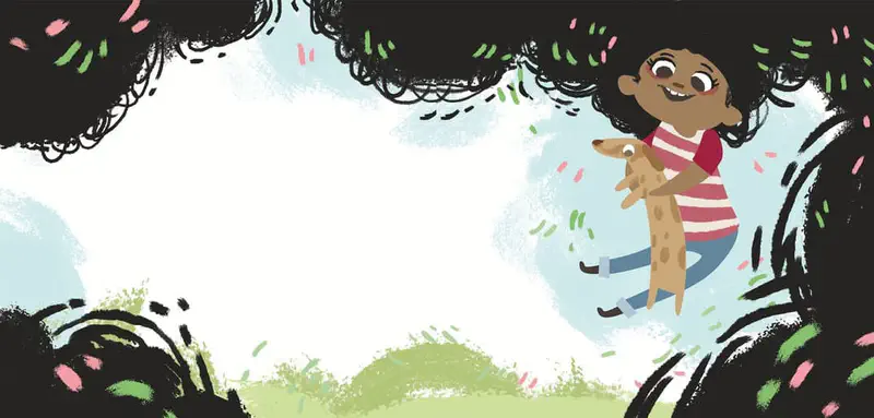 Girl in striped shirt holding her dog, surrounded by her enormous curly black hair with confetti.