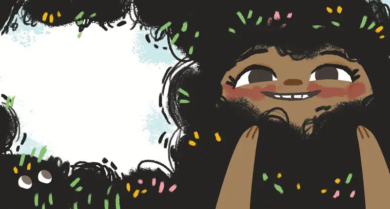 Smiling girl with huge curly black hair decorated with colorful confetti, dog peeking from below.