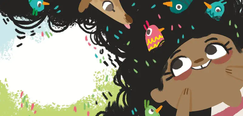 Girl delighted as colorful birds nest in her big curly black hair, dog watching above.
