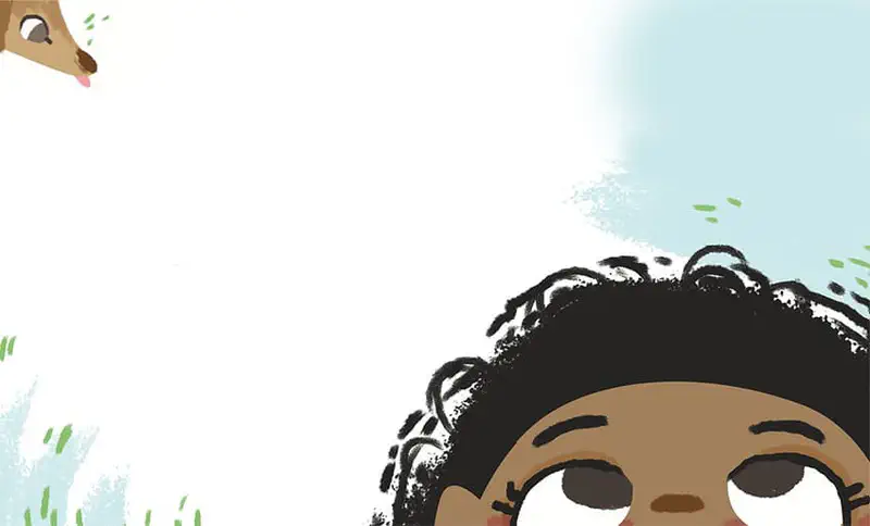 Girl delighted as colorful birds nest in her big curly black hair, dog watching above.