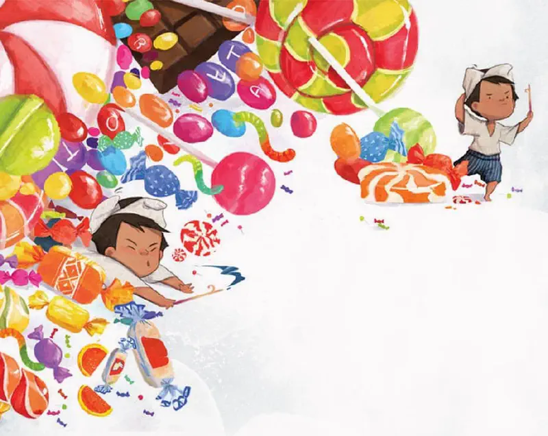 Boy buried in colorful candy avalanche with lollipops, chocolates, and sweets while another watches.