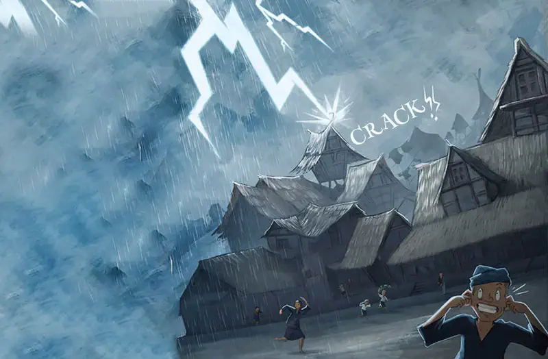 Lightning striking village during thunderstorm as villagers run and man covers ears in fear.