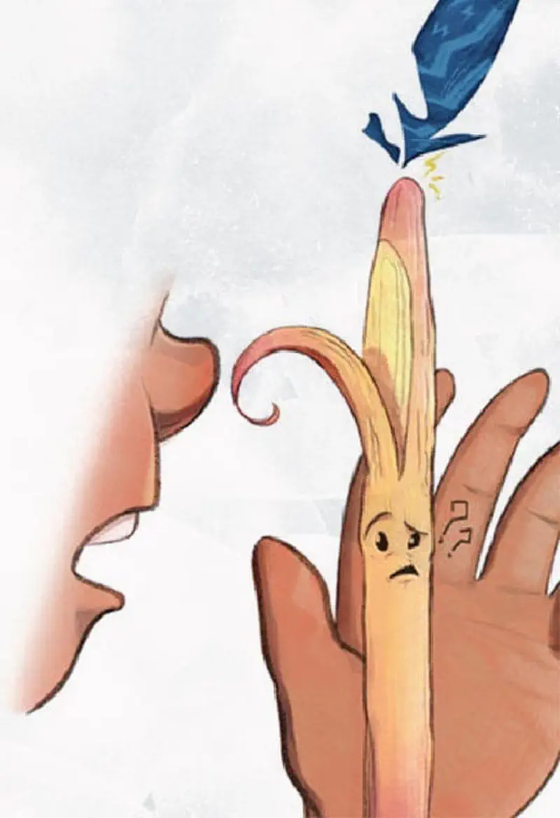 Hand holding grumpy wooden wand with face as blue feather magic sparks from its tip.