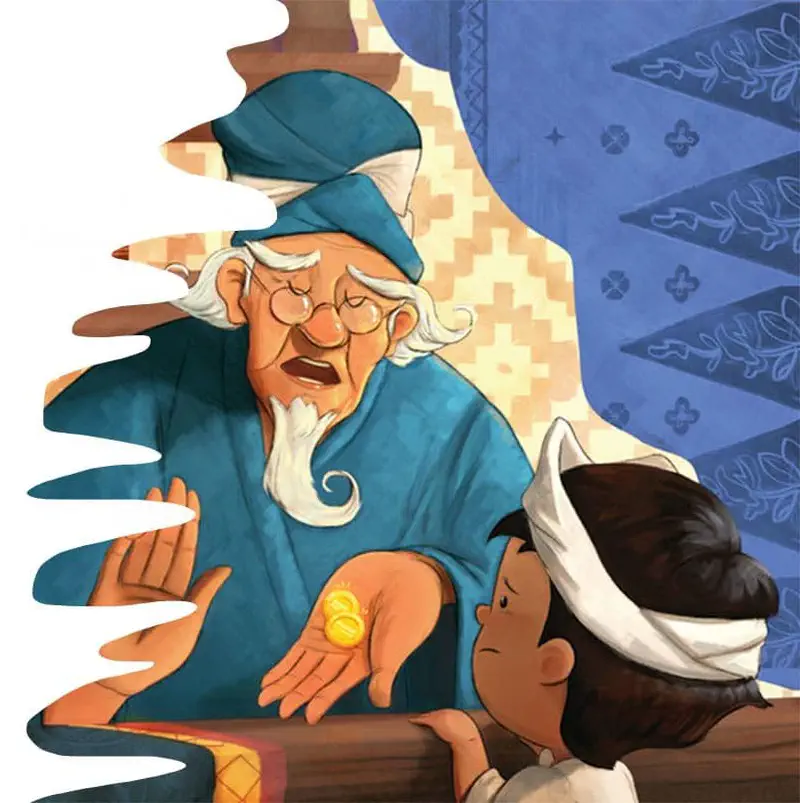 Elderly grandmother in blue robes and hat offering gold coins to boy at shop counter.