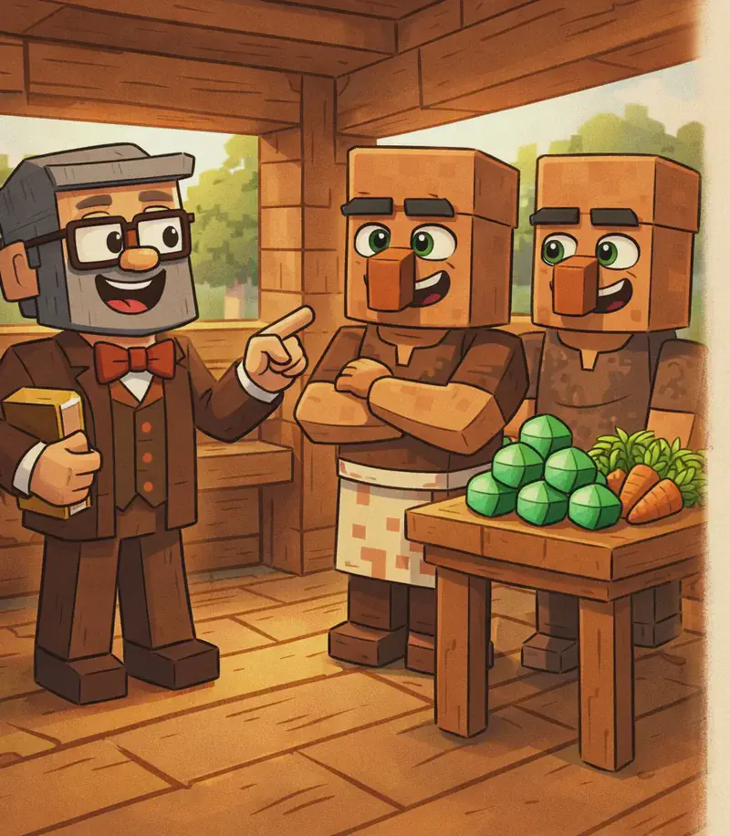 On the left side of the image, Narrator stands facing two cured Villagers inside a cozy wooden structure, all three smiling warmly. The nearest Villager, fully restored to normal with medium-brown skin, their classic brown tunic, and oversized nose, grins gratefully at Narrator. A second cured Villager stands just behind the first, also beaming with gratitude. Between them, a small wooden table displays a pile of bright green emeralds and bundles of crops as generous trade offerings. The scene is set inside a wooden building with green foliage visible through the windows, bathed in warm daylight. The right side of the image is reserved for text overlay.