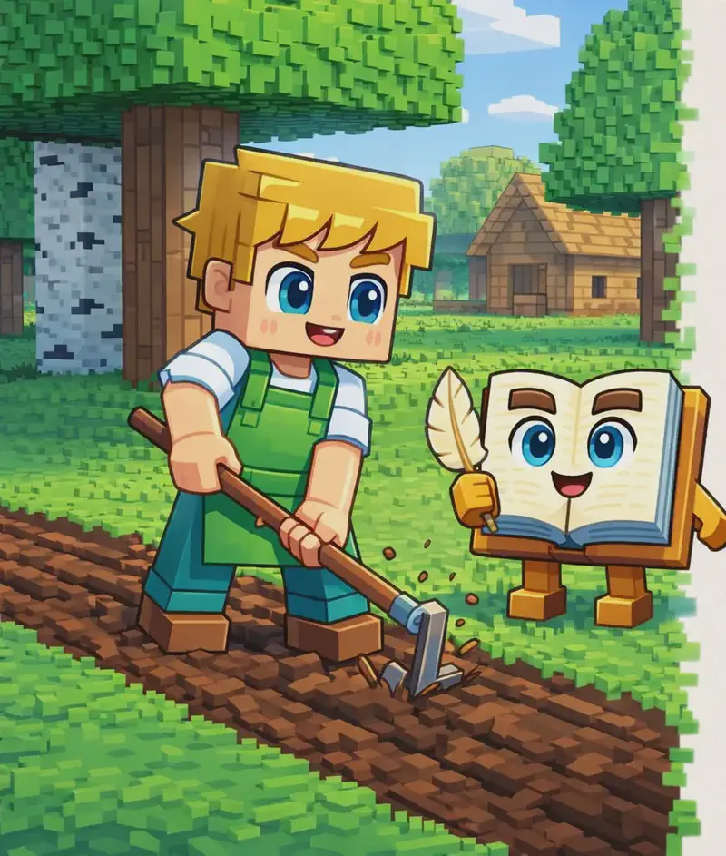 On the left side of the image, Ned stands at a three-quarter angle beside a long strip of freshly tilled dirt with visible grooves, gripping a hoe and dragging it through the soil with effort. He is positioned next to several trees on a green grassy area outdoors in bright daylight, near the wooden house. The Book stands nearby on the grass on its two short blocky brown legs, watching Ned work. The right ~40% of the image is plain background reserved for text.
