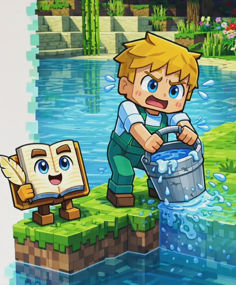 On the right side of the image, Ned stands at the edge of a body of water on a grassy bank, leaning forward with a strained, grunting expression as he lifts a heavy iron bucket full of water out of the clear blue water, his body tilting from the weight. The Book stands on the grass nearby on its two short blocky brown legs, watching. The scene is set outdoors on a sunny day at a beach/waterfront area, with stone steps, green reeds, and flowers visible in the background. The left ~40% of the image is plain light background reserved for text.