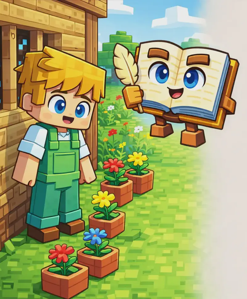 On the left side of the image, Ned stands outdoors on a grassy yard beside a small wooden structure, looking down with a proud expression at several clay pots filled with colorful flowers (red, yellow, blue, and orange) arranged along the base of the building. The Book floats in the air near the wooden wall, open pages facing Ned with a proud, encouraging expression. The right ~40% of the image is plain light background. The scene is bright daylight with a garden of wildflowers visible in the background.