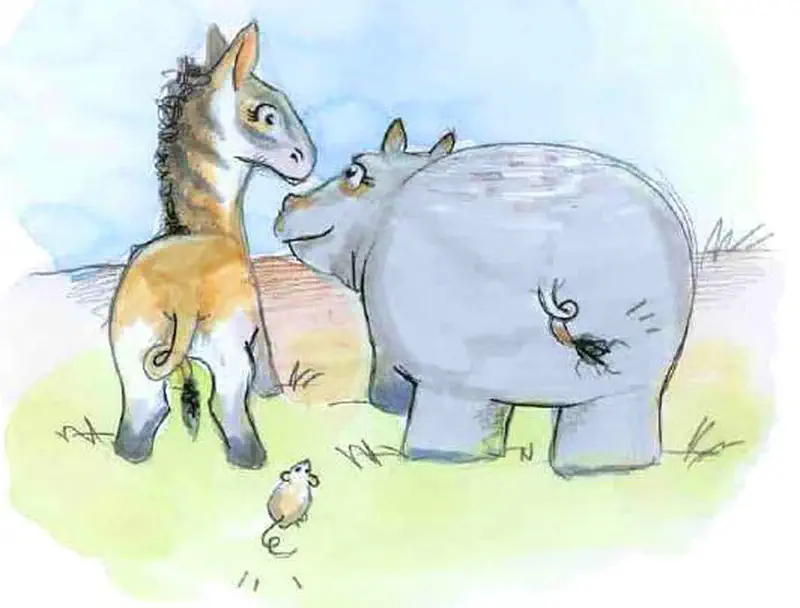 Striped horse creature meeting hippo and small mouse in grassy savanna landscape.