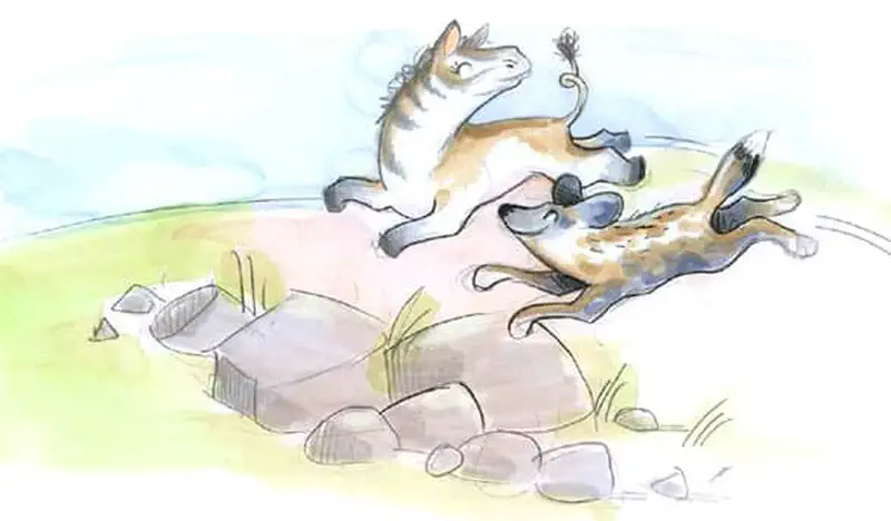 Striped horse creature racing alongside deer jumping over rocks in grassland.