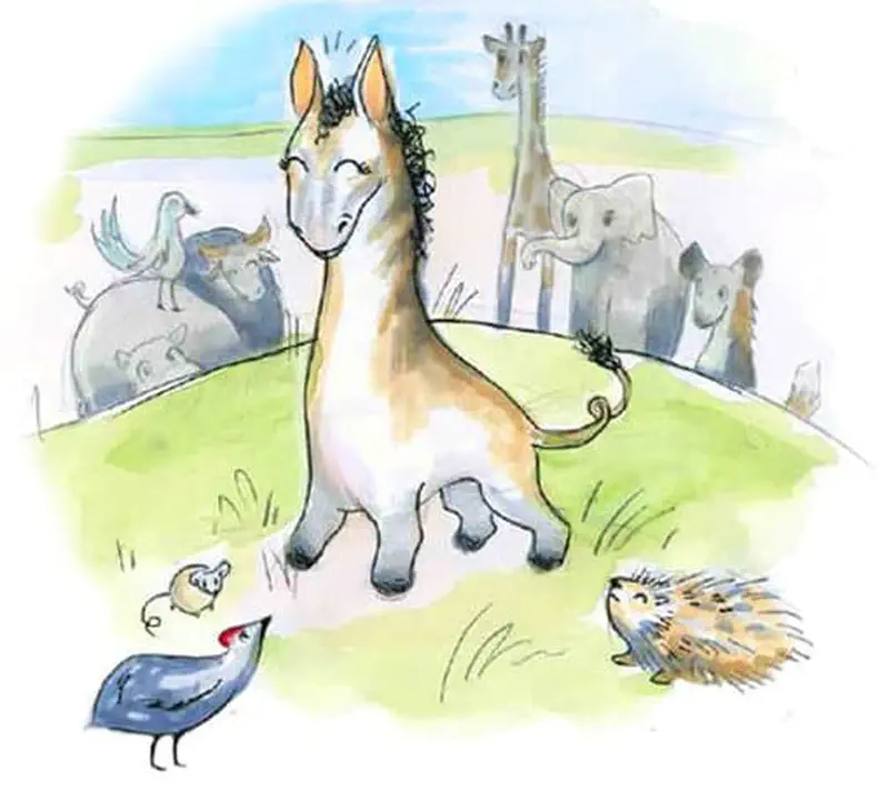 Happy striped horse surrounded by savanna friends including guinea fowl, hedgehog, giraffe, and elephant.