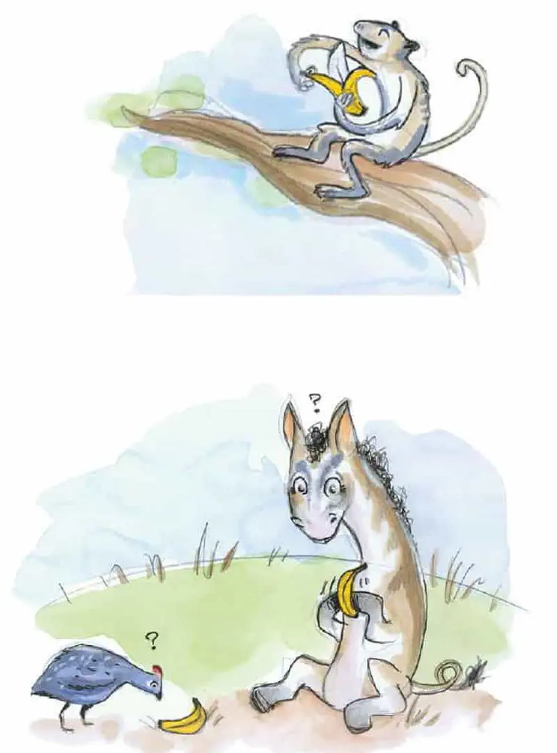 Two panels showing monkey eating banana on branch, and confused striped horse with guinea fowl below.