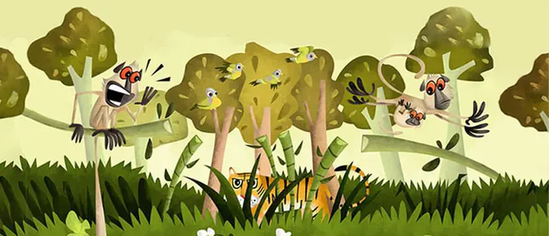 Jungle scene with monkeys in trees, birds flying, and tigers hiding in tall grass below.