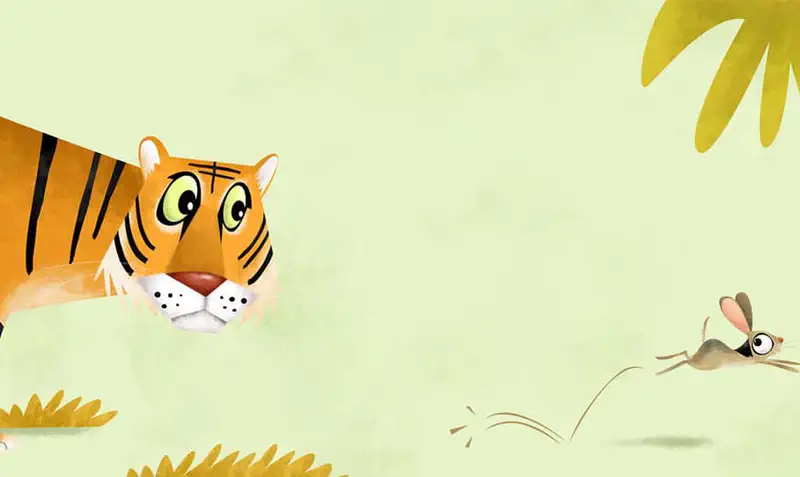 Tiger watching curiously as small mouse deer jumps away through jungle grass.