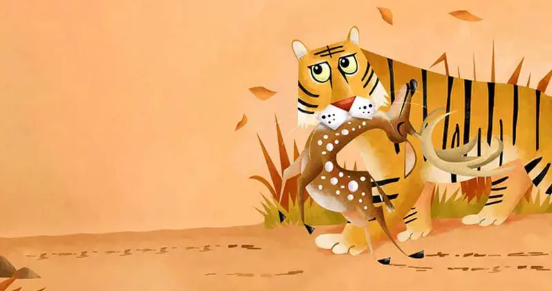 Tiger carrying spotted deer friend gently in mouth through orange autumn landscape with falling leaves.