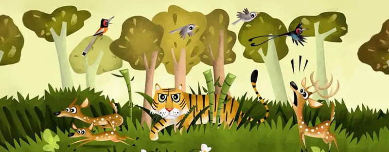 Tiger lying in grass watching deer run past while birds fly overhead through forest.