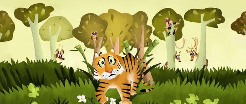 Sad tiger standing alone in jungle as other animals peek from behind trees and grass.