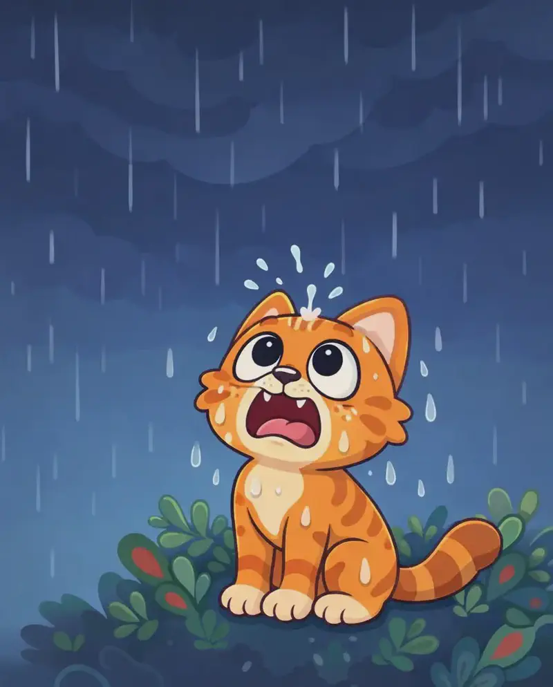 On the right side of the image, Pokey sits among low leafy plants, looking straight up at the dark rainy sky with a distressed, open-mouthed expression, raindrops splashing on the top of his head. Pokey's orange fur is getting visibly soaked and matted from the rain. The scene is set outdoors at dusk transitioning to nighttime with a dark teal sky filled with streaking rain, and wavy cloud patterns overhead.