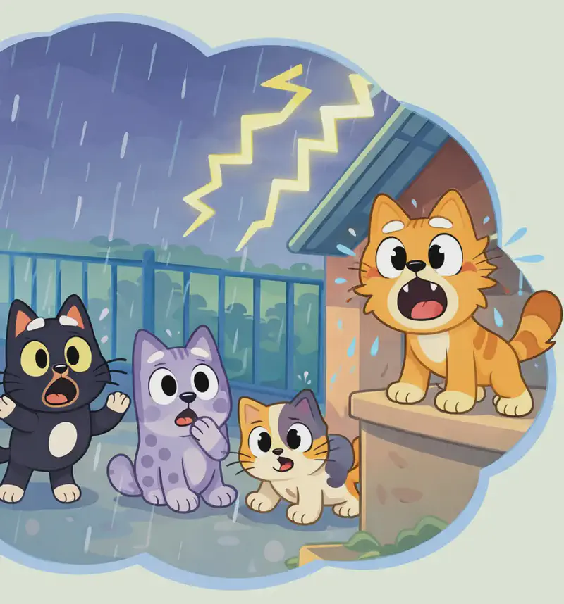 A large cloud-shaped panel fills the left half of the image against a plain pale-green background. Inside the cloud-shaped scene, all four animals appear together in a thunderstorm. On the right side of the cloud, Pokey — an orange tabby cat with a cream chest — stands on a stone ledge beside a small roofed structure, fur damp with raindrops flying off him, yelling with a wide-open mouth and alarmed wide eyes. A bright yellow lightning bolt zigzags across the dark stormy sky above. On the left side of the cloud, three animals huddle in front of a blue metal fence in the pouring rain. Inky stands on the far left with a startled, scared expression and both paws raised — a small black cat with a white chest patch, white head spot, and round yellow eyes. Gray Spot sits nearby looking frightened with one paw raised to its mouth — a small lavender-purple puppy with darker purple-gray spots and large white eyes. Calico crouches low to the ground with a worried open-mouthed expression — a small chubby calico kitten with white, orange, and black patches. Rain streaks down across the whole cloud scene.