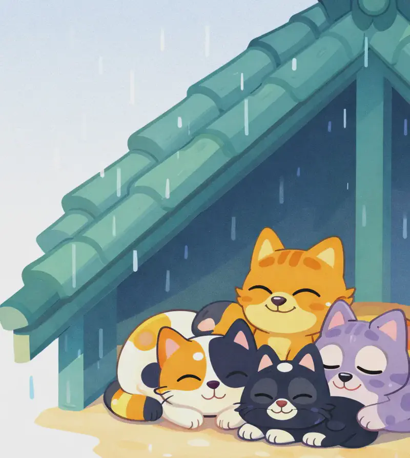 On the right side of the image, four animals are huddled together under the peaked overhang of a rooftop, sheltering from light rain. Inky is lying in front, eyes closed contentedly — a small black cat with a white chest and belly patch, a white spot on top of the head, and large round yellow eyes (now closed). Behind Inky, Calico is curled up sleeping peacefully — a small chubby calico kitten with white, orange, and black patches. Gray Spot is nestled beside them, also relaxed and content — a small lavender-purple puppy with darker purple-gray spots, resting with eyes half-closed. Pokey is curled up at the back of the group with a warm, gentle smile, looking content and thoughtful — a small orange tabby kitten with cream chest and belly. All four are pressed together sharing warmth, their fur mostly dry now. Rain drips down from the teal-green roof tiles around them, but the animals are dry and cozy in their sheltered spot. The left side of the image is open sky with the first hints of clearing weather.
