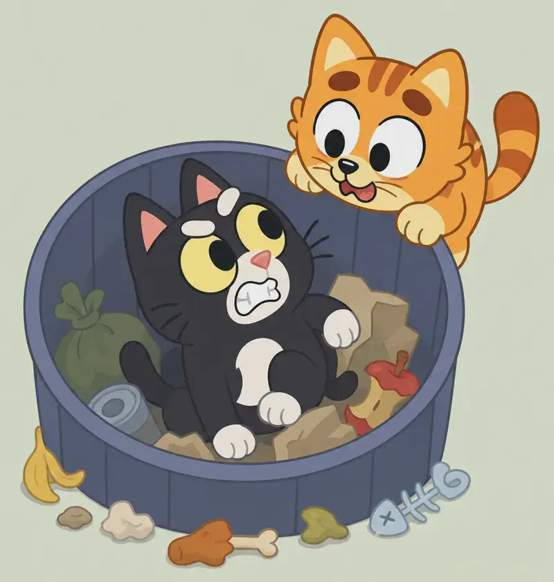 On the left side of the image, Inky is sitting inside a round trash can surrounded by bits of garbage, looking up with an angry, snarling expression and bared teeth. Inky is a small black cat with a white chest and belly patch, a white spot on top of the head, white inner ears, and large round yellow eyes with black pupils. Pokey is leaning over the rim of the trash can from the right, peering in with a hopeful, wide-eyed expression, front paws gripping the edge. Scattered food scraps and trash bits surround them. The scene is set against a plain pale green background, with the right ~40% of the image left empty.