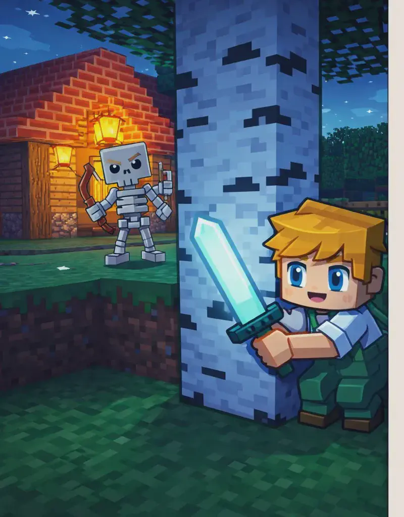 On the left side of the image, Ned is crouching behind a large birch tree trunk, partially hidden, gripping his glowing sword tightly with a cautious and determined expression as he presses close to the tree. In the background to the far left, Skeleton stands near the wooden house with a stone foundation and a glowing lantern, its bony head turning to the side as it searches the area, bow in hand. The scene is set outdoors at dusk with a darkening sky, on a grassy yard. A gentle sense of stillness pervades the scene.