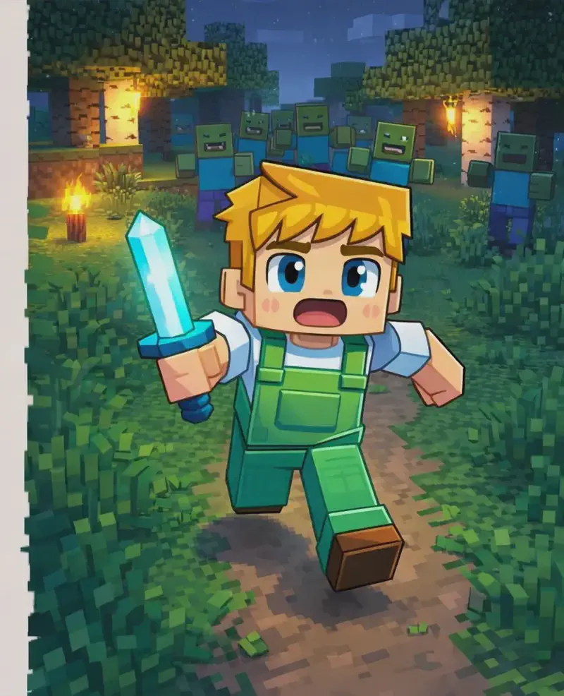 On the right side of the image, Ned is sprinting toward the viewer across a grassy outdoor area at dusk, with a scared, urgent expression on his face and his arms pumping as he runs. He holds his glowing sword in one hand. Behind him, a mob of zombies with green skin and outstretched arms surges after him in hot pursuit, their hostile figures visible among the trees and glowing torches in the background. The scene conveys frantic motion and danger as Ned dodges and weaves to escape. The left ~40% of the image is plain background reserved for text.