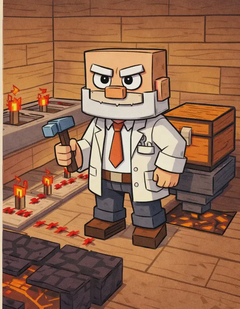 On the right side of the image, Dr. Can Do stands in an indoor wooden room, viewed at a three-quarter angle facing the viewer. He has a satisfied, focused expression as he finishes his device. He has a cube-shaped head, light beige skin, white bushy eyebrows, a thick white mustache, and small dark eyes. He wears a white lab coat over a white dress shirt with a red necktie, dark brown belt, dark navy-blue pants, and dark brown shoes, and holds a small gray hammer in his right hand. He is positioned next to a chest with a hopper below it, and lines of redstone dust run along the floor connecting to redstone repeaters. Nearby, dark obsidian blocks are placed over where the lava is concealed beneath. The left side of the image is a plain beige text area. The scene has warm interior lighting consistent with a Minecraft-style wooden structure.